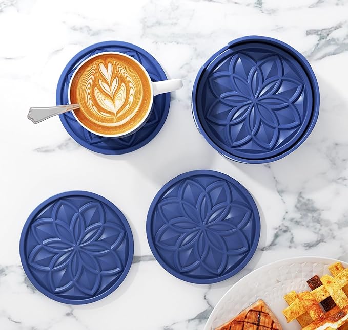 HFHOME Silicone Coasters Set With Holder - 6 Pack for Drinks, Coffee Table, Cup Mat, Desk, Bar - Tabletop Protection Gift - Navy Blue