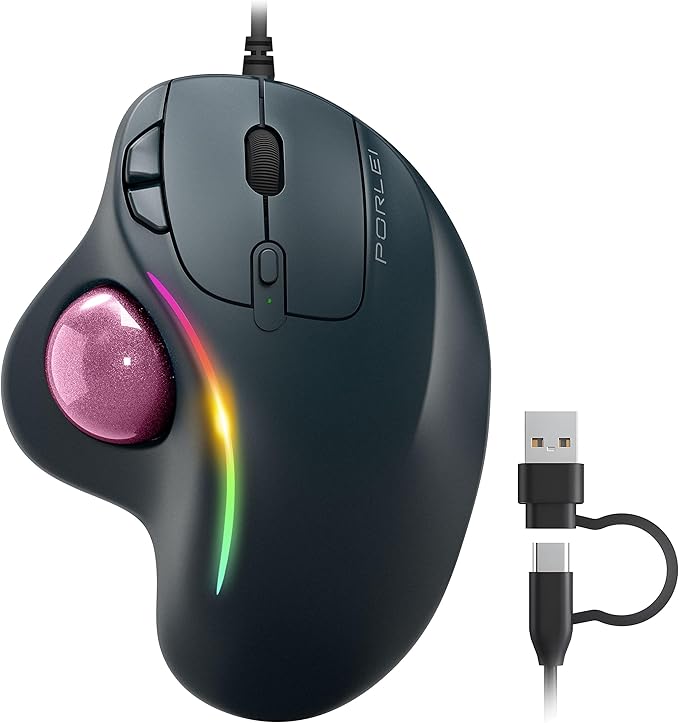 Wired Trackball Mouse with RGB Lighting, Ergonomic Thumb Control to Reduce Muscle Strain, 5 Adjustable DPI, Dual USB-C & USB-A Connectivity, Compatible with PC, Laptop, Mac, Windows (E-Pink)