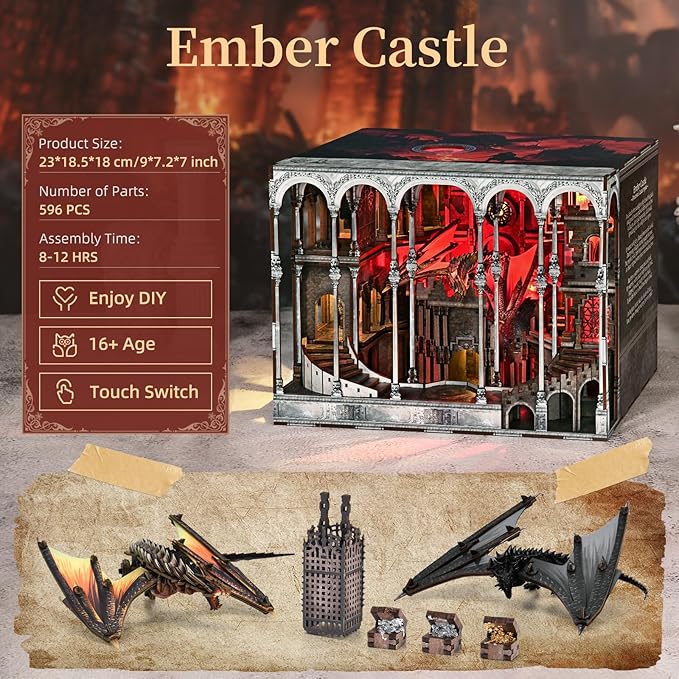 MiniCity Book Nook Kit, DIY Miniature House Kit for Adults, Teens and Beginners, Dollhouse Booknook Library Tiny House Bookshelf Decor 3D Wooden Puzzle, Gifts for Family, Friends (Ember Castle)