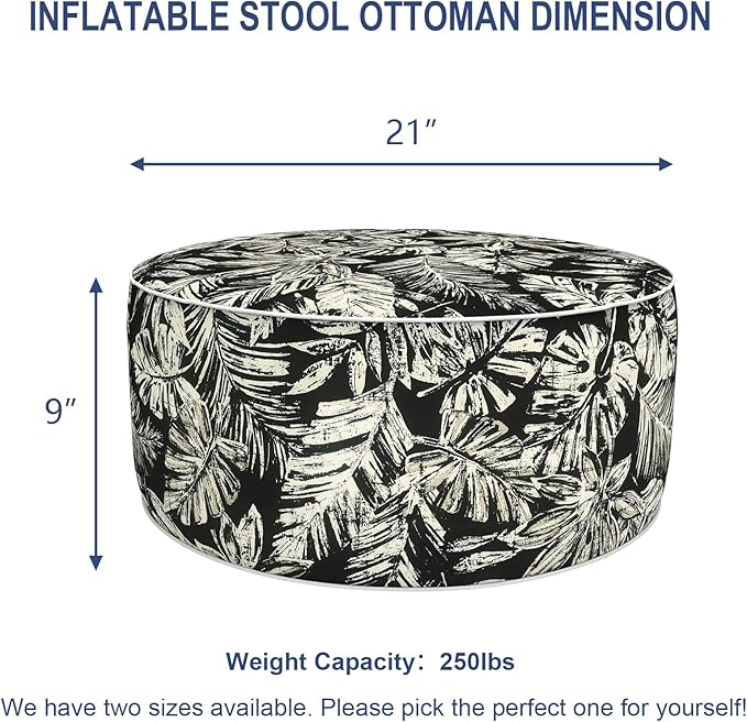 Outdoor Patio Inflatable Ottoman, 21x9 Inch Portable Stool Ottoman with Handle, Round Footrest Stool for Home Garden Camping, Tropical Leaf Black