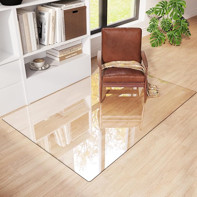 Tempered Glass Chair Mat 60"x40" – Ultra-Clear Office Chair Mat for Hardwood Floors & Low-Pile Carpets – Heavy-Duty 0.2" Scratch-Resistant Surface with Non-Slip Pads – Supports 1,000 lbs