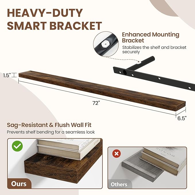 Acovy 72 Inch Floating Shelves for Wall 1 Pack, 72" Wall Shelves for Books, Storage, Decor, Wall Mounted Floating Shelf with Invisible Brackets for Kitchen, Living Room, Brown