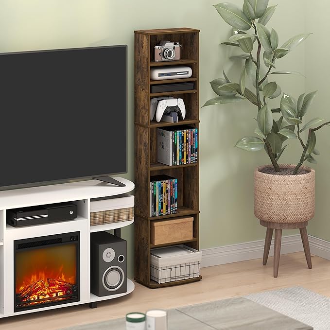 Furinno Jaya DVD Shelf, 8-Tier Tall Narrow CD Rack, Media Shelf with Adjustable Shelves, DVD Storage Cabinets for CD Blueray Game Disc, Easy Assembly, for Living Room, Home Office, Amber Pine