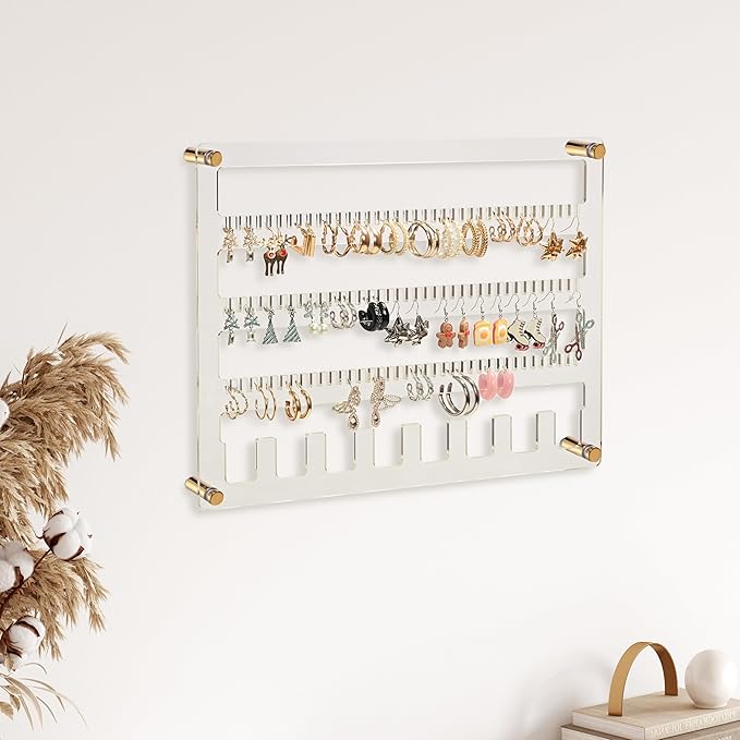 Earring Holder Organizer, 4 Layer Wall Mounted Ear Stud Display Storage, Acrylic Large Capacity Jewelry Organizer Earring Display and Storage for Studs, Dangling, Necklace