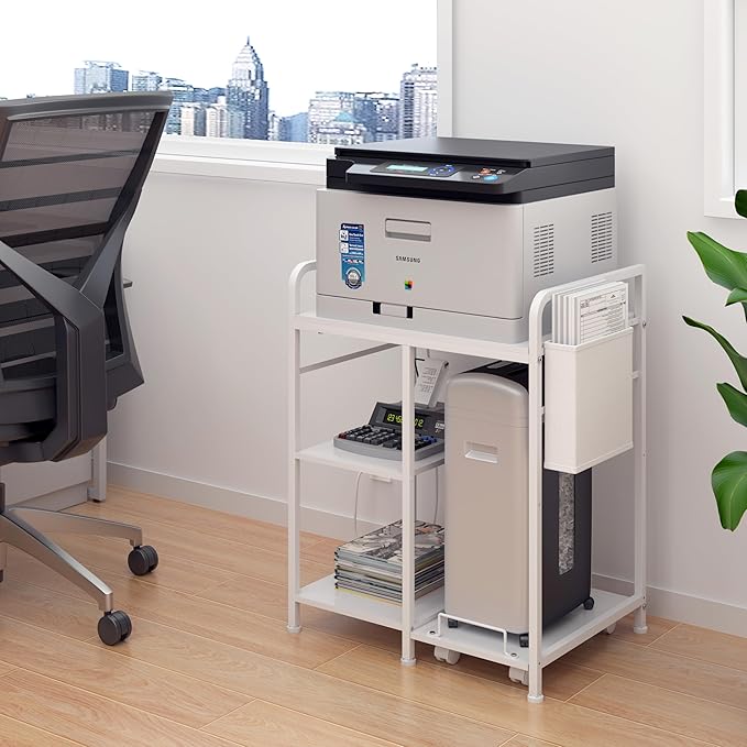 Sedegn Home Printer Stand with Charging Station, 24x18 Inches Stands for Large Printer, Printer Shredder Stand with Storage for Home Office, Table for Fax Machine/PC Tower (White)