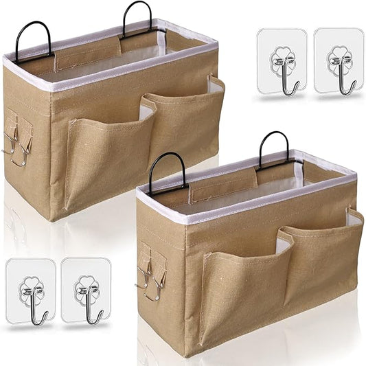 Kanrichu 2pcs Middle Wall Hanging Organizer Bag, Linen Fabric Door Hanging Storage Basket with Pockets, Waterproof Bin for Kitchen, Bedroom, Office, RV Camper (Khaki)