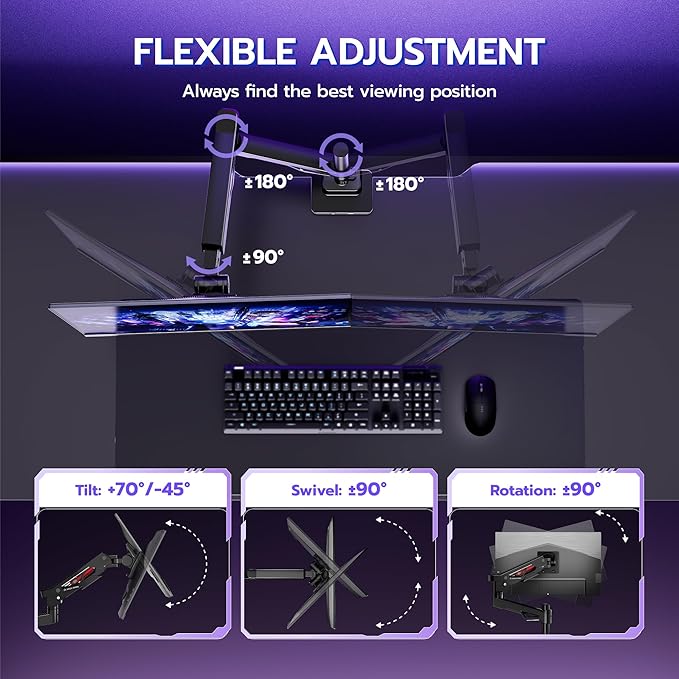 ARES WING Heavy Duty Monitor Arm, Ultrawide Monitor Stand up to 57“ and 66 Lbs, Gas Sprinq Monitor Mount with USB, Height Adjustable Arms Monitor Stand, Various VESA Mount with Clamp/Grommet Base