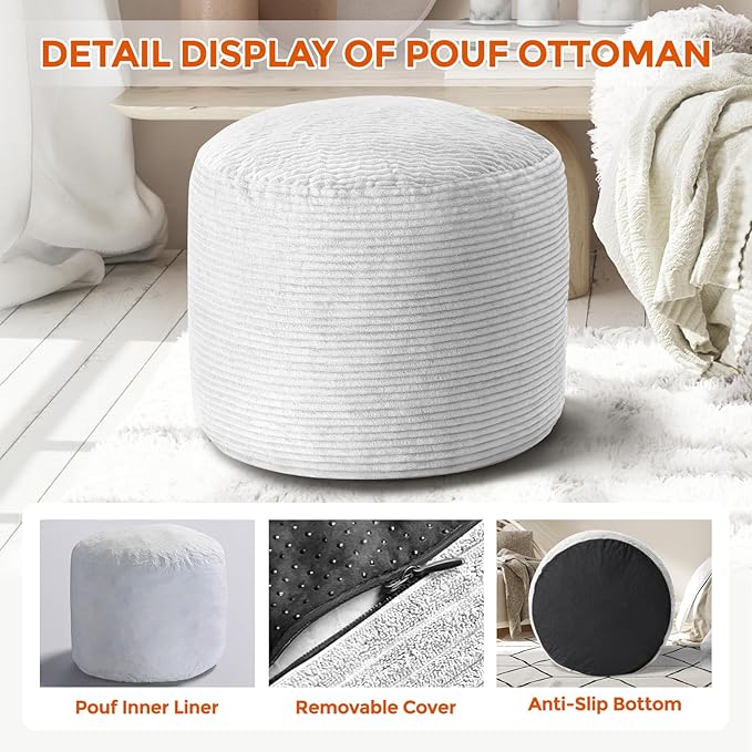 Round Pouf Ottoman Foot Rest, Pre-Stuffed Footrest Ottoman with Odorless Shredded Memory Foam, Soft Corduroy Floor Pouf for Living Room, Bedroom, Cozy Home Decor, Grey