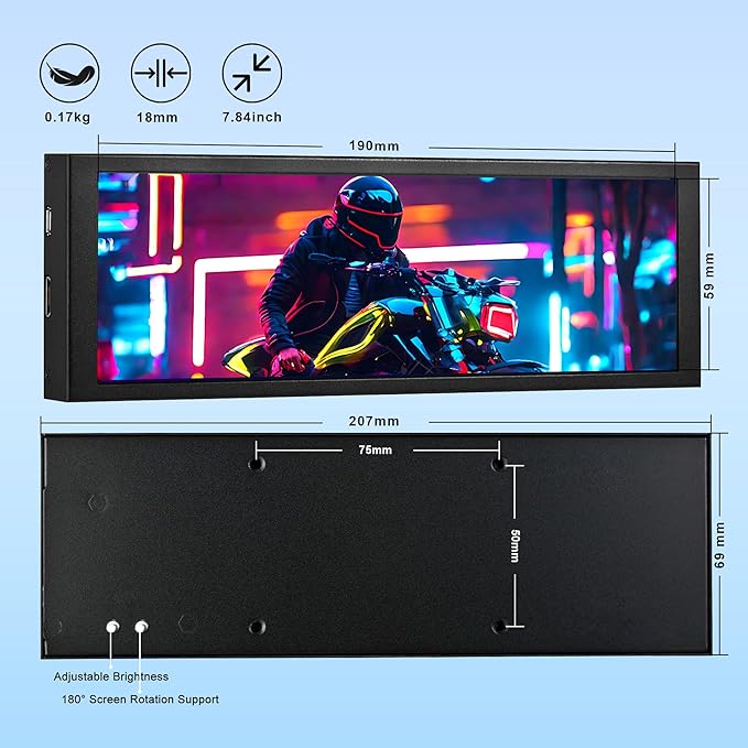 7.84 Inch HD Mini Monitor 1280x400 IPS Stretched Bar LCD Display with Casing for macOS Window Speed Temperature Aida64 CPU GPU Monitoring Secondary Screen