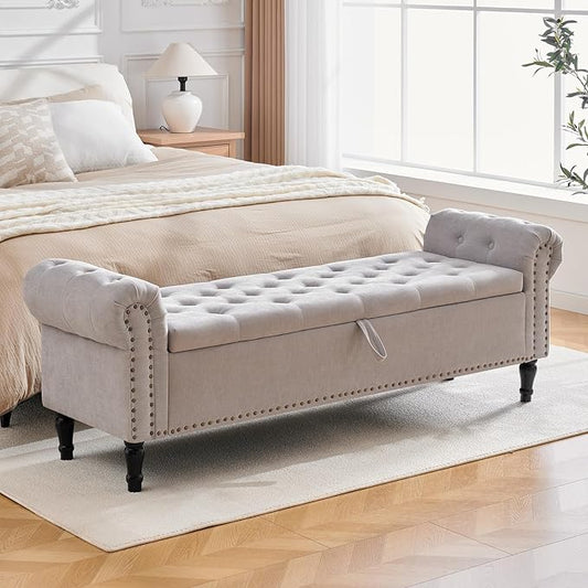 67'' End of Bed Bench King Size, Storage Bench for Bedroom End of Bed, Upholstered Tufted Storage Ottoman Benches with Arms for Living Room, Entryway, Windows, Light Grey