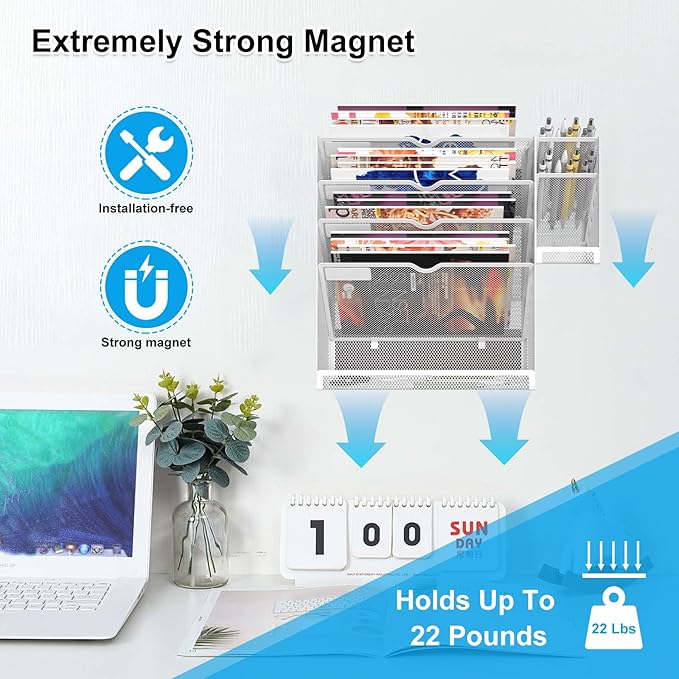 Magnetic File Holder, Magnetic File Organizer Wall Mount, 5 Tier Hanging Mail Organizer Folder Holder, Mesh Desk Accessories and Organizers, Paper Document Magazine Rack with 3 Pen Holder