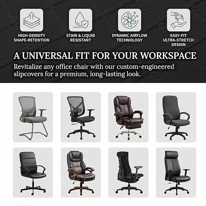 Stretch Jacquard Office Chair Cover with Armrest Covers, Removable Washable Desk Chair Cover, Anti-dust Seat Cushion Protectors - Large, Black