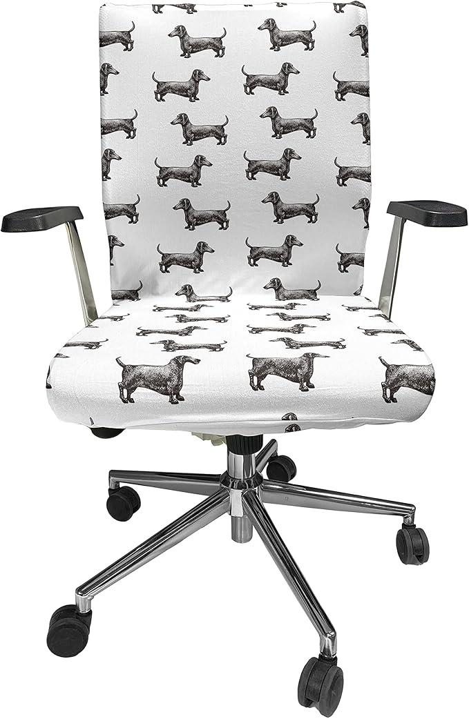 Ambesonne Dachshund Office Chair Cover, Pattern Lines with Sausage Dog Looking Different Directions, Stretchable Decorative Universal Size High Back Printed Slipcover, Grey White
