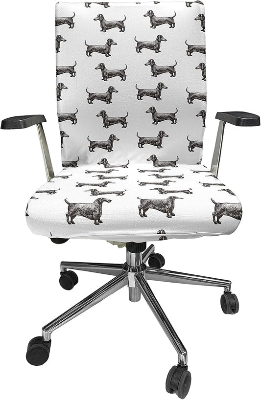 Ambesonne Dachshund Office Chair Cover, Pattern Lines with Sausage Dog Looking Different Directions, Stretchable Decorative Universal Size High Back Printed Slipcover, Grey White