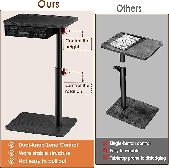 TV Tray with Drawer & Device Slot, Swivel Height Adjustable bedside table, Sofa Side Table for Eating, C Shaped Couch Table for Living Room & Bedroom, Portable Snack End Table for Couch & Bed, Black