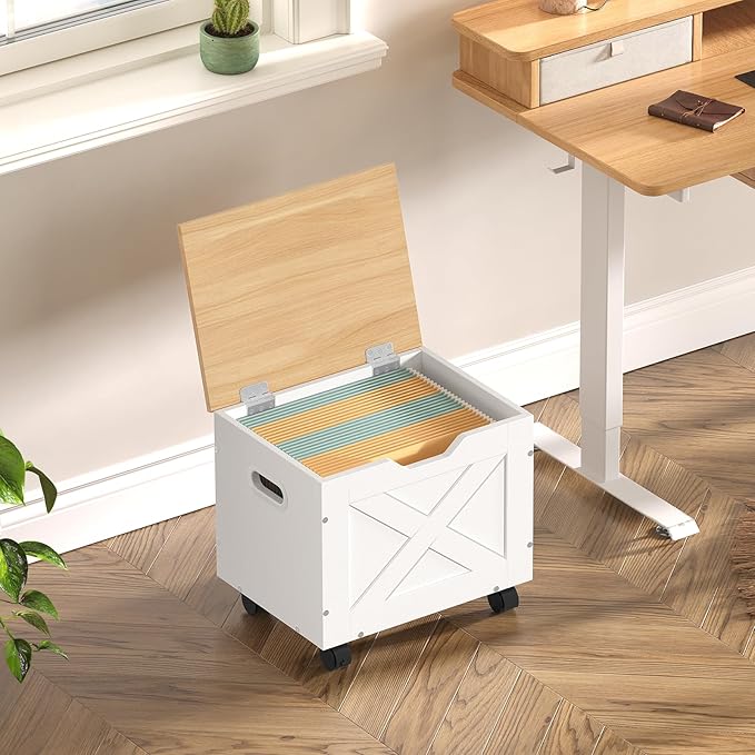 MAHANCRIS Rolling Filing Cabinet, Small File Cabinet Under Desk with Single Drawer, Hanging File Organizer for A4/Letter-Size Documents, Organizer Box, for Home Office, White and Natural FCBN4001