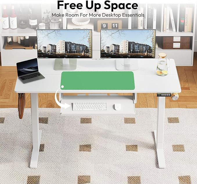Electric Standing Desk with Keyboard Tray,55x24 inches Adjustable Height Stand Up Desk,3 Preset Heights,Equipped with Hooks,Raising Desks for Home Office and Computer Workstation,White