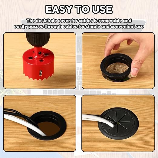 12pcs Desk Grommet Kit 2in(50mm) Black Desk Hole Cover Cable Grommet Desk Cord Hole Cover with 1pcs Hole Saw Drill Attachment for Office Home Table Cable Use Wires Cables Through The Countertop