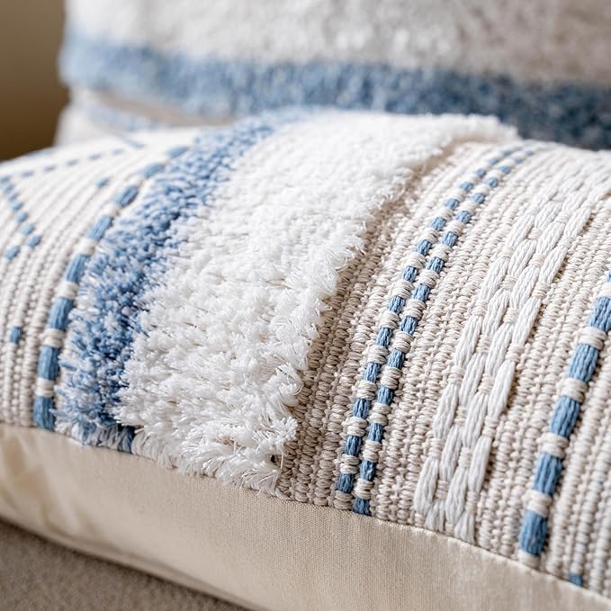 BlissBlush 12x20 Lumbar Pillow Cover, Rectangular Blue Pattern Decorative Cushion Cover, Coastal Boho Accent Pillowcase with Tufted Pattern and Tassels for Couch Sofa Living Room (Cover Only)