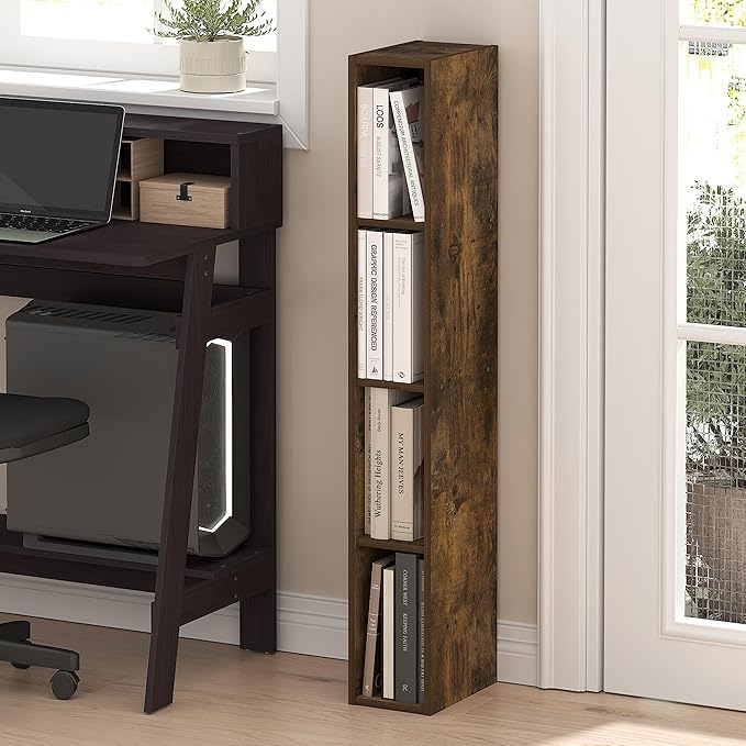 Furinno Fulda Book Shelf, 4-Tier Narrow Bookshelf, Standing Bookcase with 6-in Width Storage Shelf, 9.3 x 5.9 x 41.6, for Organization and Storage, for Living Room, Bedroom, Home Office, Amber Pine