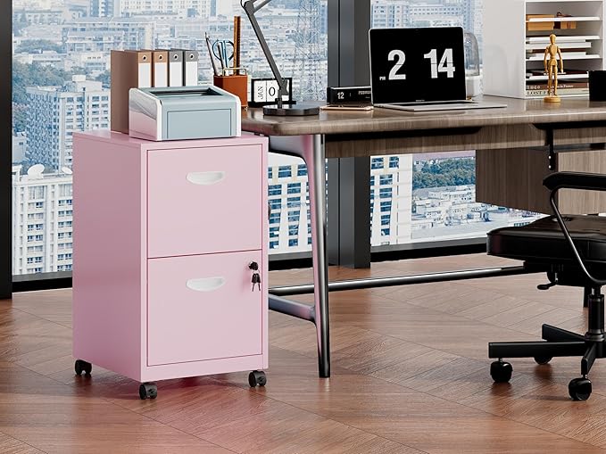 Polup 2 Drawer Rolling File Cabinet on Wheels, Mobile Two Drawer Filing Cabinet with Lock, Small Files Cabinets for Under Desk, Metal Filing Cabinets for Letter Size Folders, Pink - Assembly Required