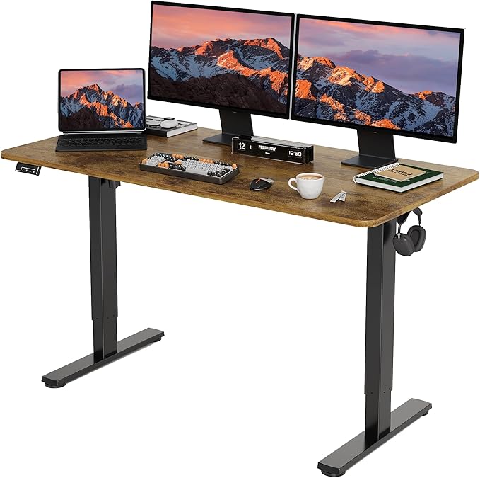 LongKe Electric Standing Desk Adjustable Height, 55x24 Inches Sit Stand up Desktop for Home Office, Ergonomic Rising Computer Table with Memory Preset,Rustic Brown