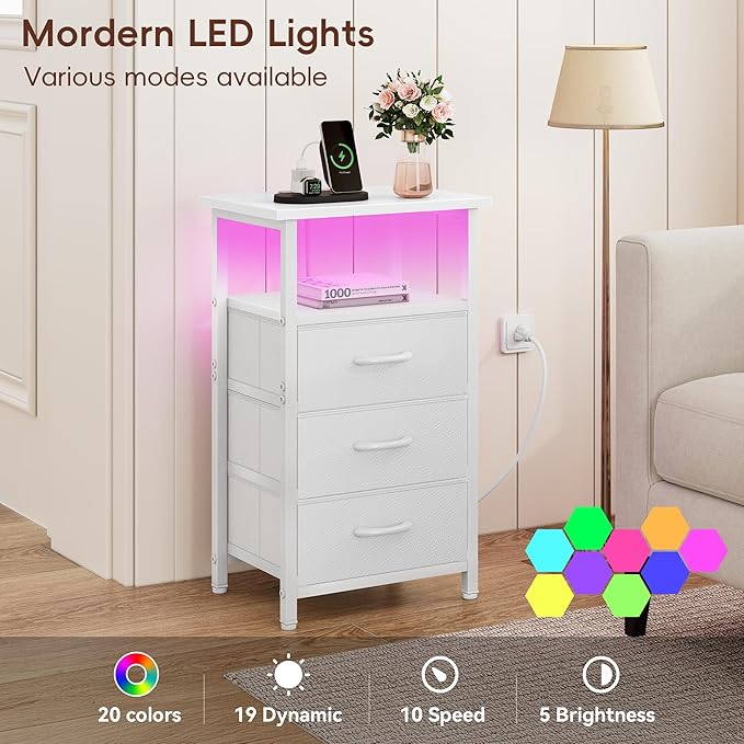 Vagusicc Night stand Set 2 with Charging Station, LED Nightstand for Bedroom, White Bedside Table with 3 Fabric Drawer, End Table Side Table with USB Ports & Outlets, Bed Side Table for Bedroom, White