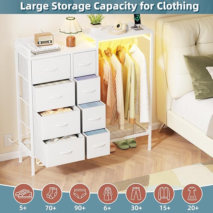 HIGDBFE Dresser with Hanging Rack, 8-Drawer Dresser for Bedroom with Charging Station & LED Lights, Fabric Dressers with Shoe Rack, Chest of Drawers with Wooden Top for Bedroom, White, 11.8" D