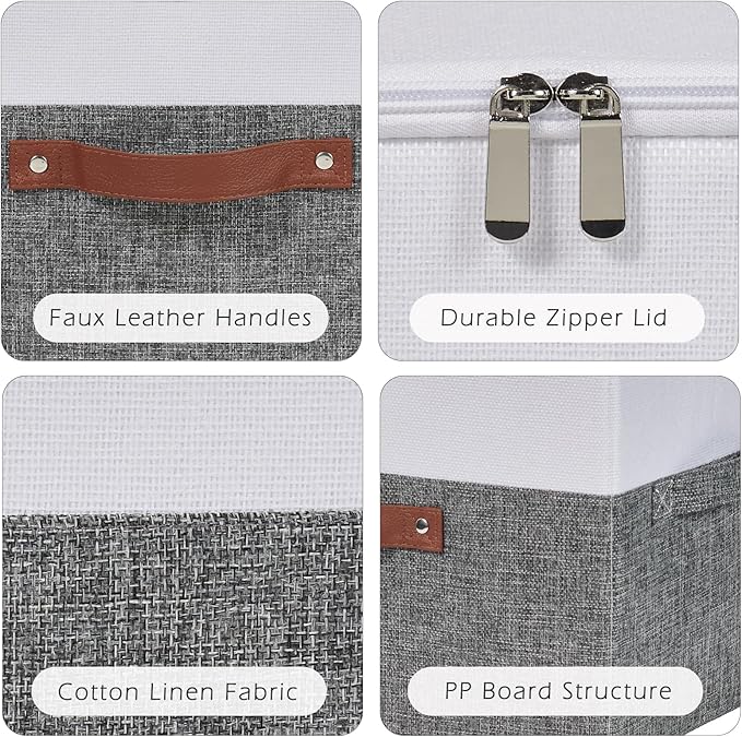 Storage Boxes with Zipper Lid Cotton Linen Fabric Lidded Storage Bins Baskets Foldable Washable Closet Shelf Clothes Organizer Container Faux Leather Handles (Gray White, Small)