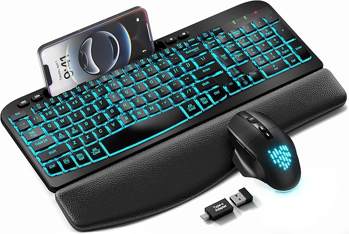 SABLUTE MA22 Pro Wireless Keyboard and Mouse Combo - Ergonomic Wave Keyboard with Soft Leather Wrist Rest, Phone Holder, Rechargeable, RGB Backlit Mouse, Full-Size Set for Windows/Mac/Computer