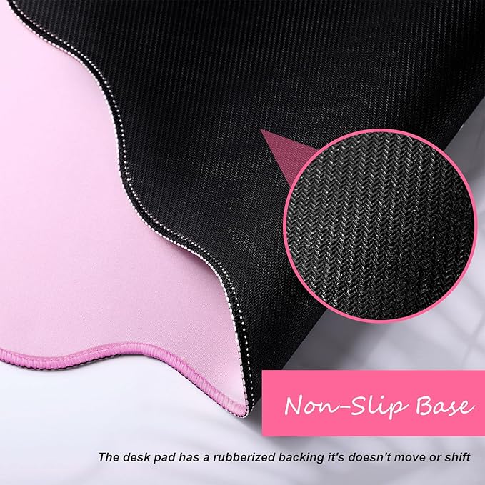 Hahafelt Scalloped Desk Mat Large Scalloped Piping Cute Desk Mat Aesthetic Preppy Table Pad Large Nonslip Pad with Edge Stitching Waterproof Gaming(Pink,36 x 17 Inches)