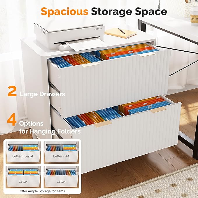 VINGLI 2 Drawer File Cabinet, Home Office Filing Organizer, for Letter Legal A4 Size File Folder Storage, Modern Style Fluted Design, Wood Lateral Filing Cabinet, Printer Stand, Archivador, White