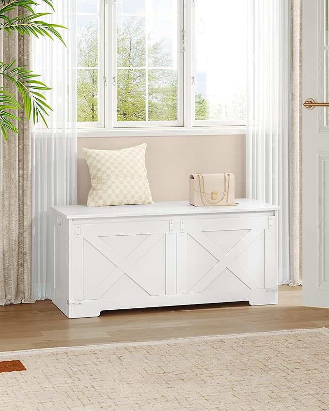 Hzuaneri 42.9" Storage Chest, Large Storage Trunk with 2 Hinges, Farmhouse Wooden Box Bench, Lift-Top Organizer Chest, Entryway Trunk for Bedroom, Living Room, White SB10903X