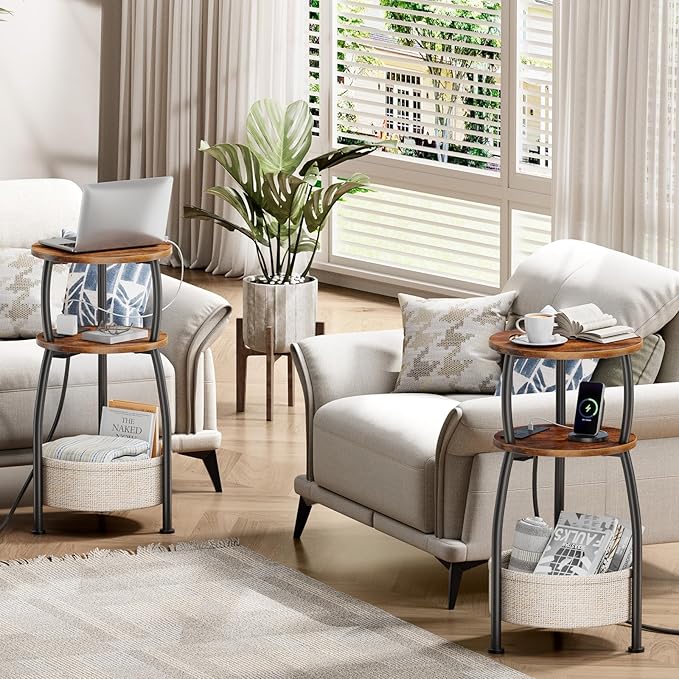 Side Table with Charging Station, Small Round End Table with Basket, USB Port and Outlet, 3 Tiers Sofa Couch Table for Living Room Bedroom, Small Spaces, 11.81in Rustic Brown