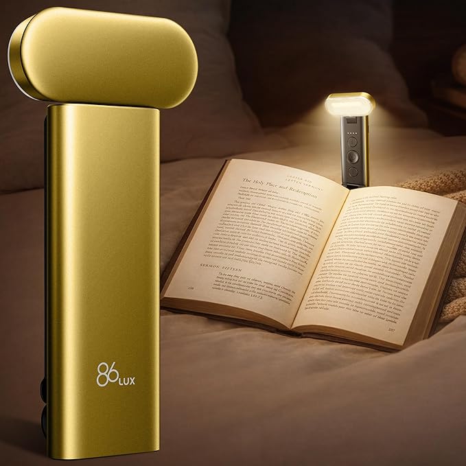 86lux Book Light, Reading Light for Book in Bed, USB Rechargeable LED Night Light with 3 Colors & Stepless Dimming, Aluminum Alloy Bookmark Light for Book Lovers, Yellow
