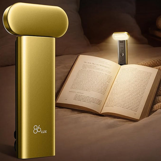 86lux Book Light, Reading Light for Book in Bed, USB Rechargeable LED Night Light with 3 Colors & Stepless Dimming, Aluminum Alloy Bookmark Light for Book Lovers, Yellow