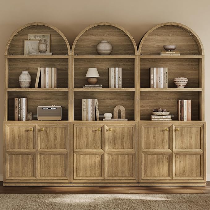 SICOTAS 81" Tall Arched Bookcase with Doors, Large Bookshelves with Storage, Modern 5-Tier Arched Cabinet with Adjustable Shelves & Cable Management for Home Office, Library, Brown Oak, 3 PCS