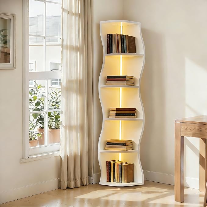 VECELO 6-Tier Compact Wave Corner Bookcase with LED Lights, Small Narrow Freestanding Bookshelf for Small Spaces, Living Room, Bedroom, Home Office (White)