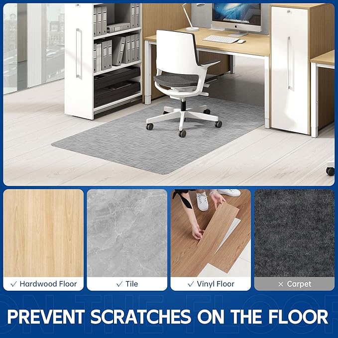 Office Chair Mat for Hardwood & Tile Floor, 36" x 48" Anti-Slip Desk Chair Mat, Easy Glide Floor Protector for Rolling Chairs, Floor Mat for Office Chair for Home Office (Light Grey)