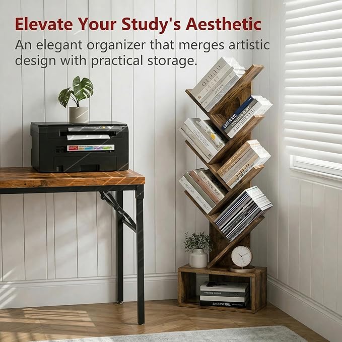 6 Tier Tree Book Shelf - Small Bookshelf Decor, Corner Bookshelf, Living Room Storage, Tall Narrow DVD & CD Shelf Storage Bookshelves, Comic Bookcases Standing for Bedroom or Office, Rustic Brown