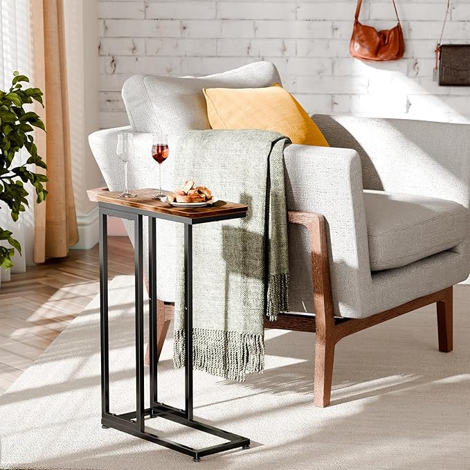 Simple Trending C Shaped Side Table, End Table Set of 2, Sofa Couch Table TV Tray for Living Room, Small Space, Rustic Brown