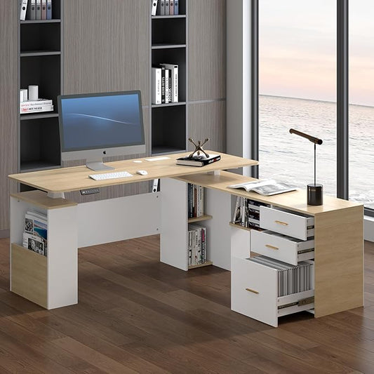 JOMEED 63" L Shaped Electric Standing Desk with Storage, Executive Adjustable Height with Power Outlets and Privacy Panel,Oak and White