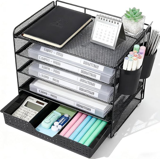 LEKETREE Desk Organizer and Accessories, 5-Tier Paper Letter Tray Organizer with Drawer & 2 Pen Holders for Desktop File Organization, Office Desk Accessories for Supplies Storage (Black)