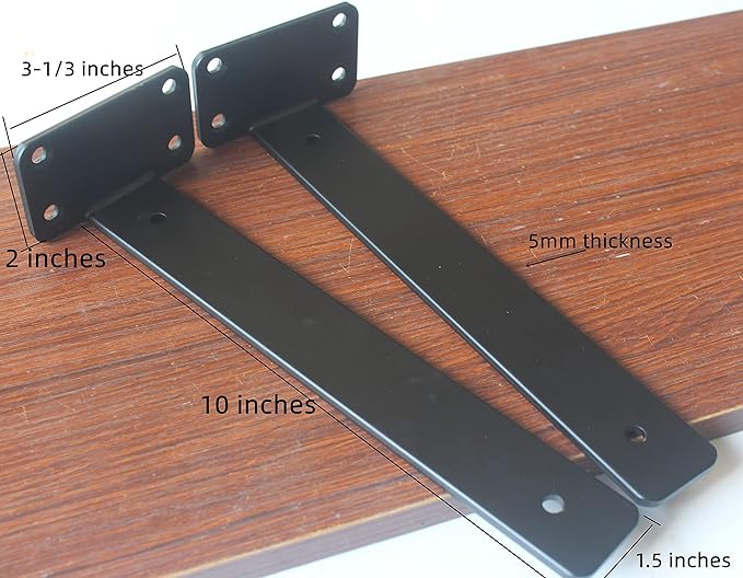 6 Pack - 10 inch Black Hidden L Shelf Bracket (1/5 Inch Thicked) Iron Floating Shelf Brackets Rustic Industrial Metal Brackets for Shelf Support