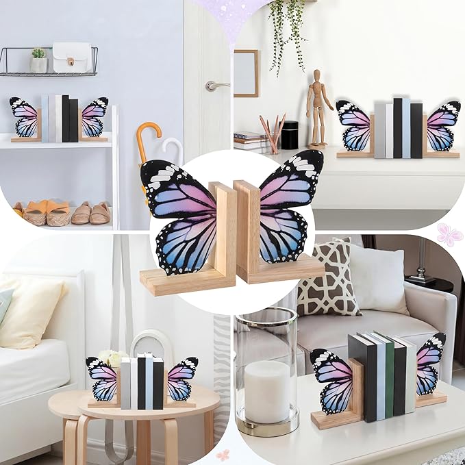 Decorative Butterfly Bookends Wooden Acrylic Butterflys Bookend Modern Bookshelf Decor Accent Book Stopper Decor for Home Farmhouse Shelves Office Lover Gift(Pale Blue Swallowtail Butterfly)