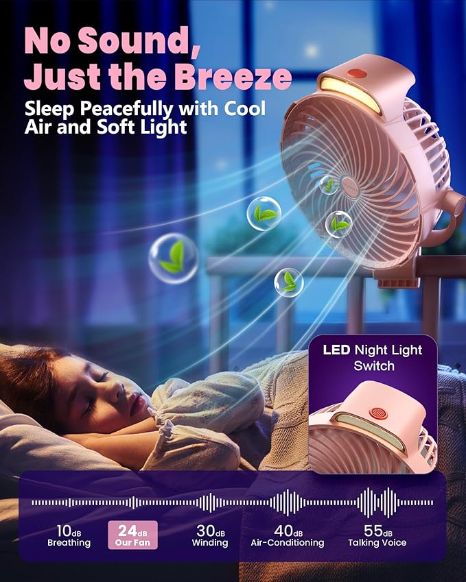 10000mAh Clip on Fan, 8-Inch Golf Cart Fan Rechargeable with LED Light, 9 Speeds Strong Airflow, Ultra Quiet, 30Hrs Runtime, 360° Rotation, Cooling for Bed Camping Office Desk Dorm, Pink