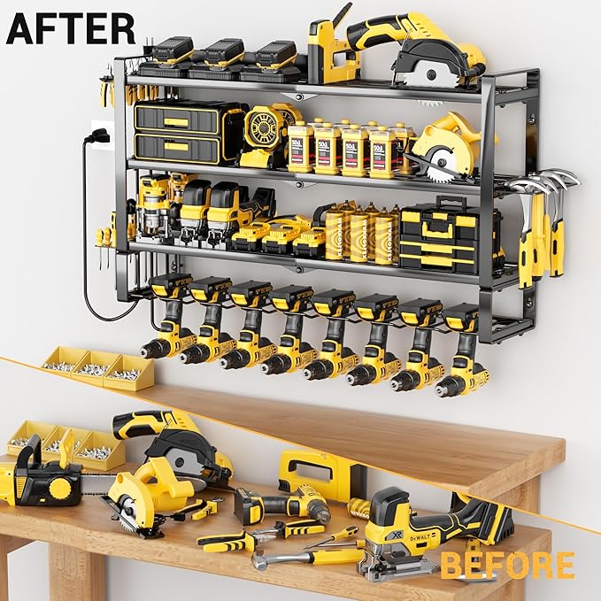 Large Power Tool Organizer Wall Mount with Charging Station,4 Layer Heavy Duty Metal Tool Storage Rack with 5-Outlet Power Strip,Loads 400lbs with 8 Cordless Drill Holder,Battery Utility Tool Shelf