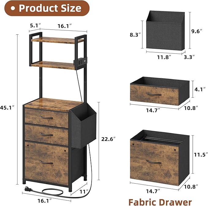 HIGDBFE 3 Drawer File Cabinet with Charging Station, 45''H, 3-Tier Filing Cabinet for Home Office, 11''*16'' for Small Printer, Fabric Drawer Fits Letter/A4, Tall Printer Stand, Rustic Brown
