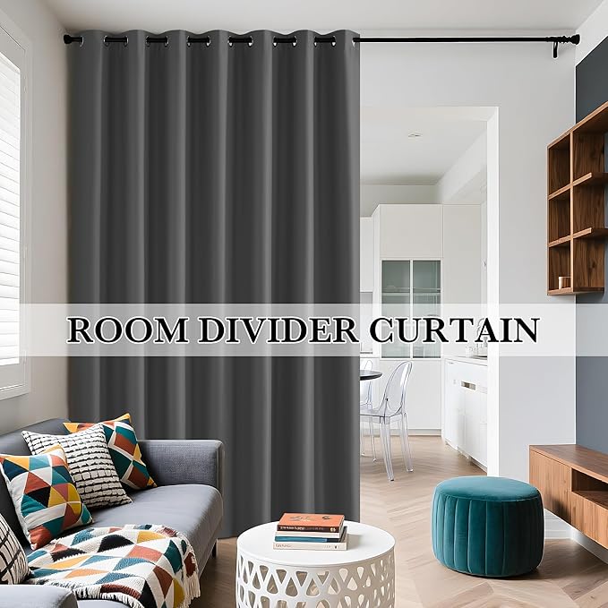 RYB HOME Extra Long 100% Blackout Room Divider Curtains for Bedroom 108 Inch Long, Extra Wide Privacy Sliding Door Blinds for Patio/Living Room/Dining, 1 Panel, W100 x L108, Grey