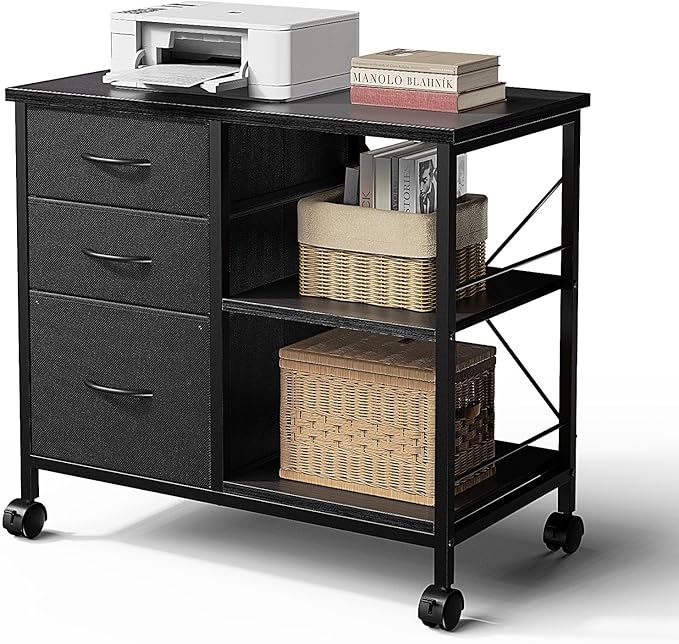DUMOS File Cabinet, Mobile Storage Cabinet with 3 Drawers and Back Support Bar, Spacious Printer Stand with Storage Supporting 198 lbs for Home Office, Black